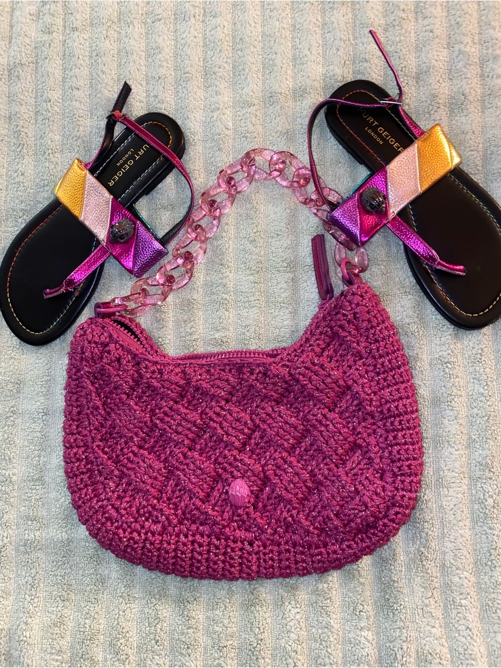 Kurt Geiger Magenta Crocheted Shoulder Bag with Pink Chain Strap and Sandals 6.5